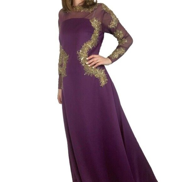 Walter Mendez Purple Evening Gown Dress Formal Prom Gold with Train - Picture 3 of 16